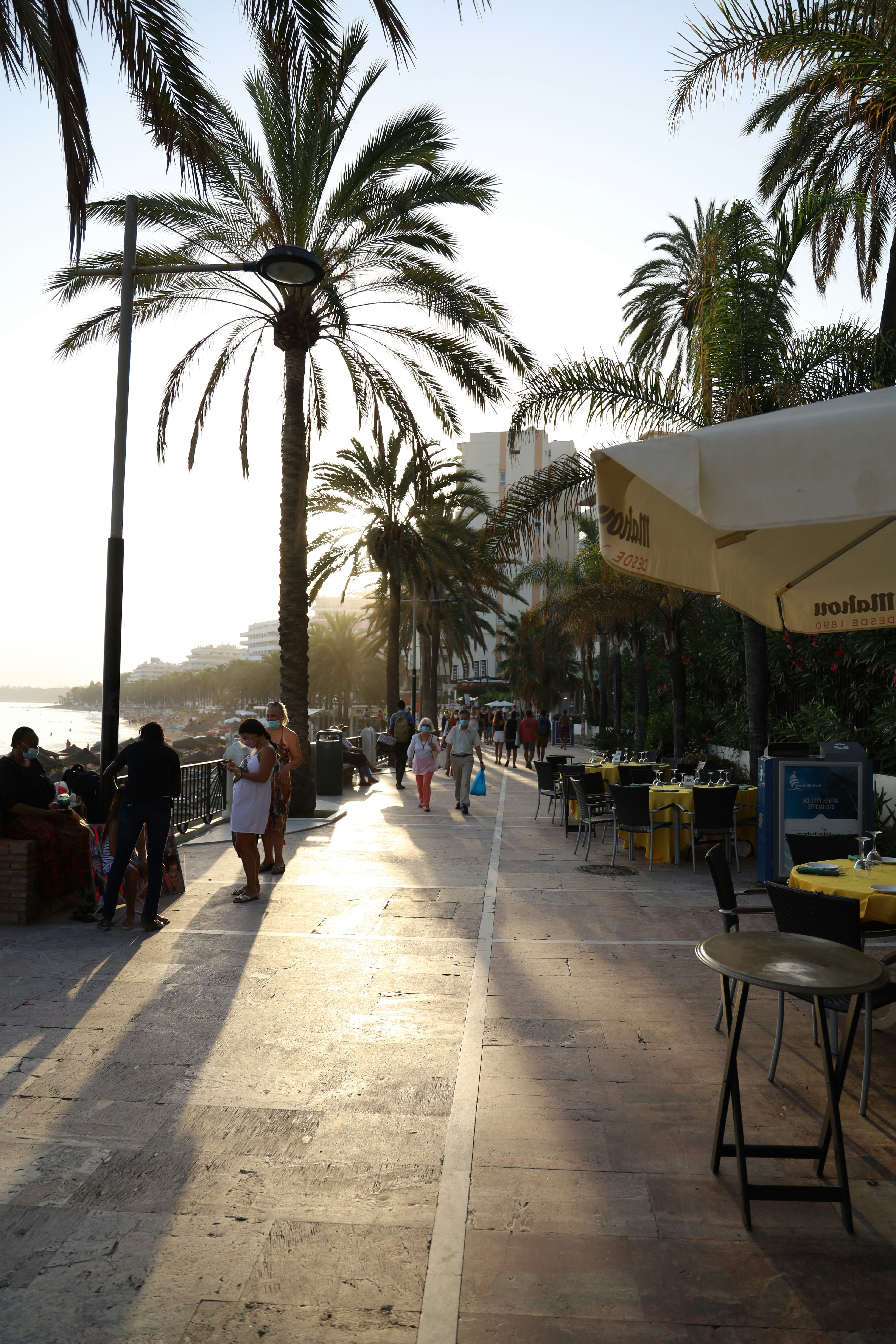 Sun-drenched Marbella promenade lined with palm trees and outdoor cafes, bustling with locals and visitors enjoying the coastal charm